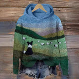 Mysterious Cat Art Print Stitching Hoodie Sweater